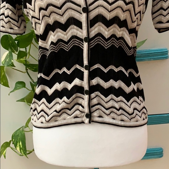Loft Cardigan, Black and Ivory Patterned Sweater, Short Sleeved Cardigan - Picture 3 of 7
